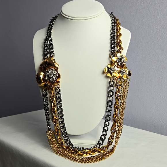 J .Crew Rera Gold and Black Chain Necklace with 3D Floral Accents - Picture 1 of 16